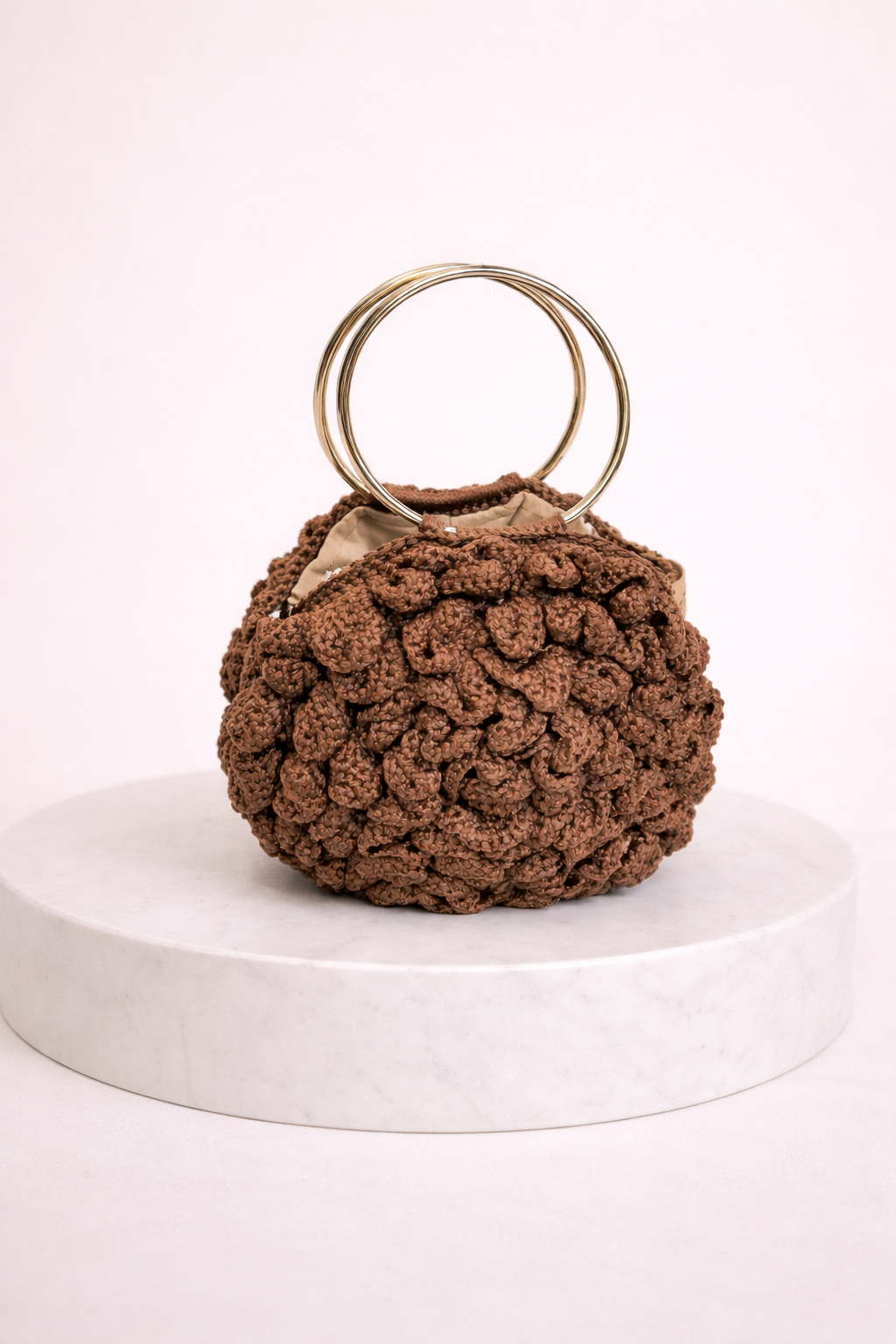 Hand- Knitted Halo Embossed Rose Bag w/ Steel Handles