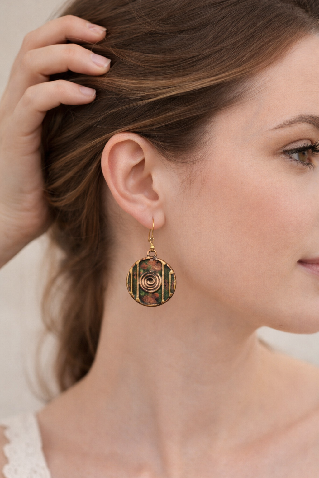 Brass and Copper with Red and Green Round Patina Earrings