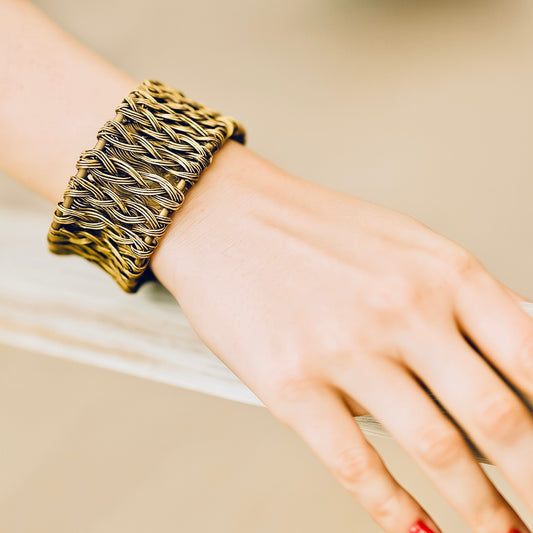 Handcrafted Woven Brass Basket Weave Cuff Bracelet