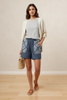Dark denim and print pockets elastic waist shorts, front view