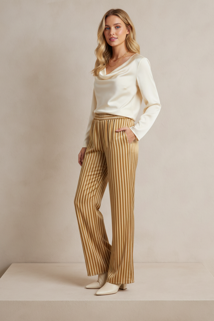 Golden cream satin wide-leg striped pants, front view