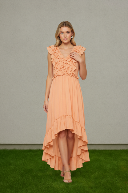 RUFFLE FRONT HIGH-LOW SLEEVELESS MIDI DRESS