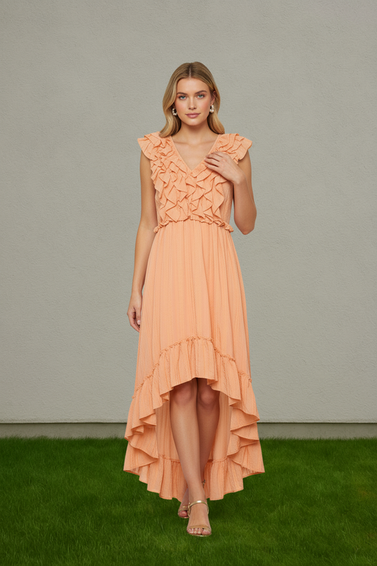 RUFFLE FRONT HIGH-LOW SLEEVELESS MIDI DRESS