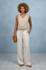 Riley stripe tie-front tank top in linen-rayon blend, styled view