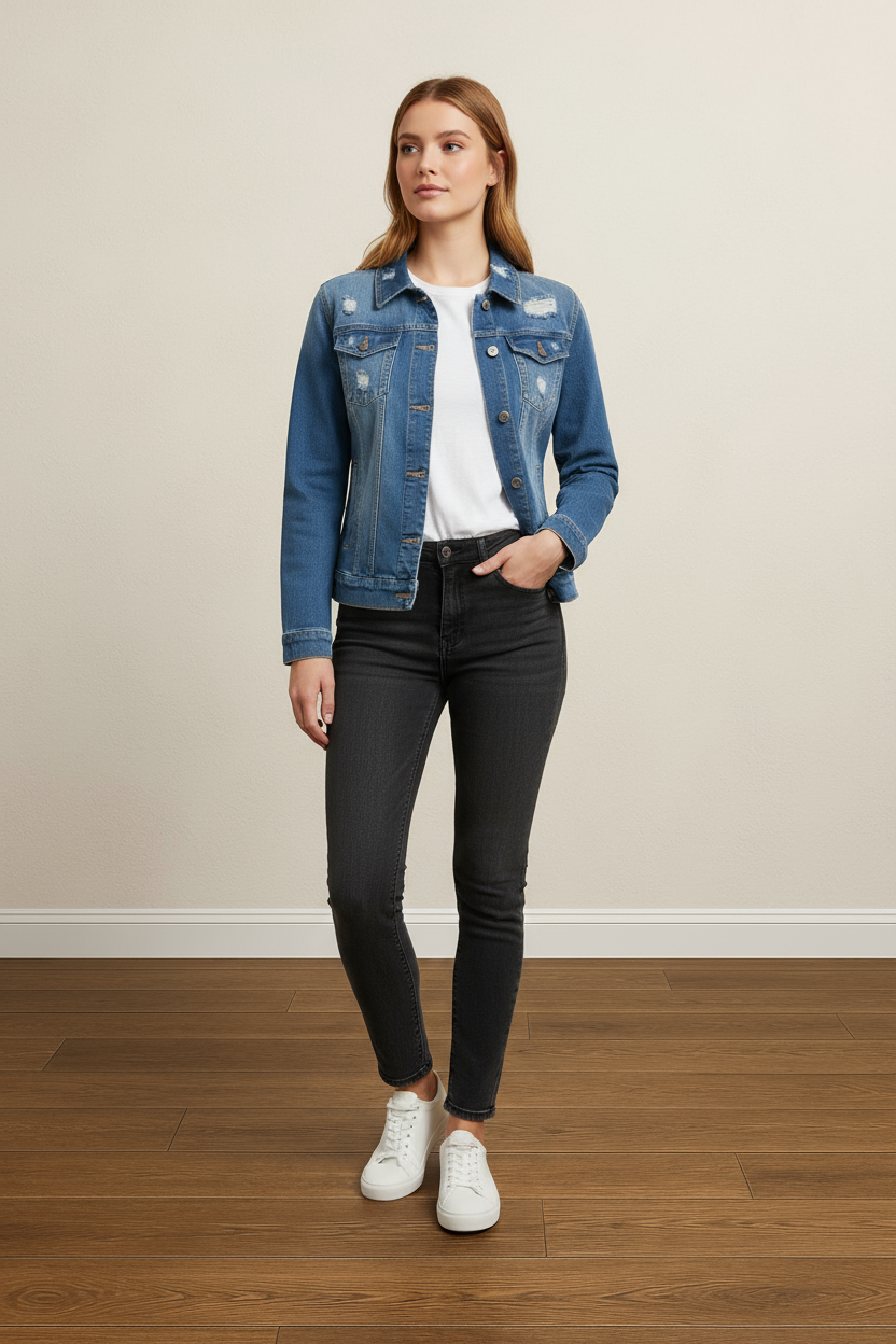 CITYLIGHT MEDIUM BLUE DISTRESSED DENIM JACKET