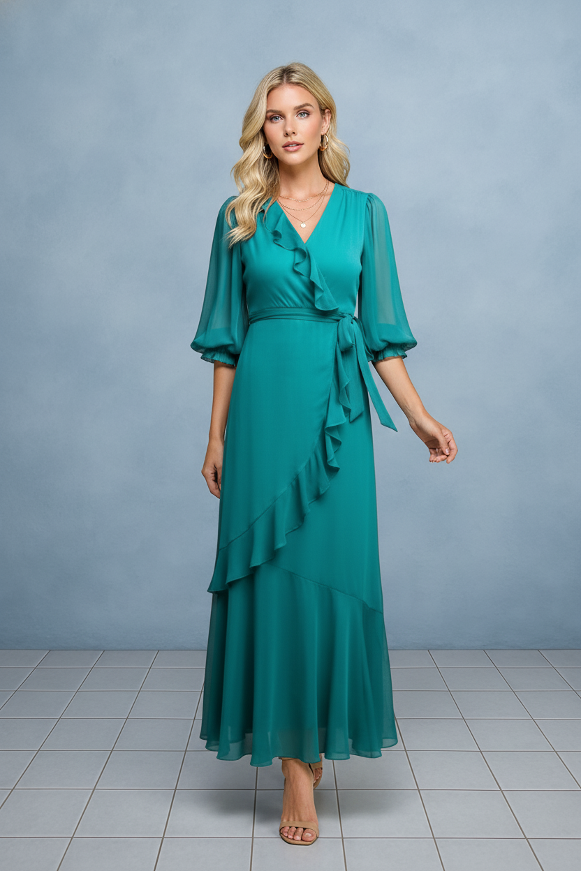 Ruffle Wrap Tie Waist Maxi Dress