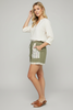 Dark sage repeat print mixed shorts, back view