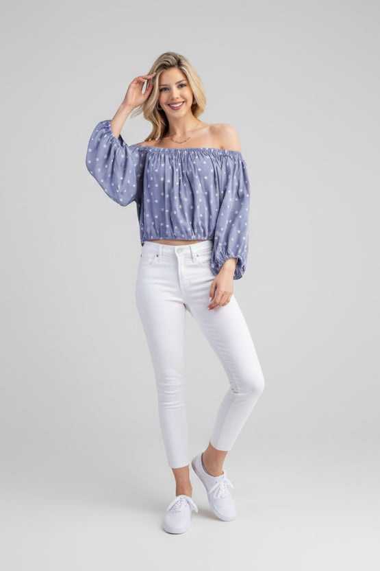 BREEZY BABE EMBROIDERY PRINT OFF SHOULDER PUFF SLEEVE NOVELTY TOP