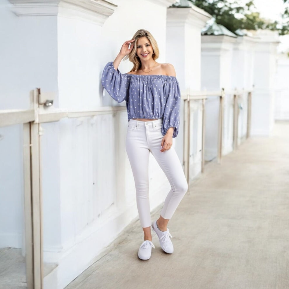 BREEZY BABE EMBROIDERY PRINT OFF SHOULDER PUFF SLEEVE NOVELTY TOP