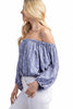 Printed off-shoulder top showing puff sleeve construction
