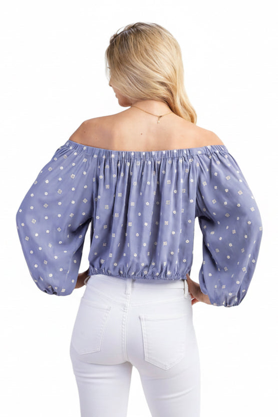 BREEZY BABE EMBROIDERY PRINT OFF SHOULDER PUFF SLEEVE NOVELTY TOP