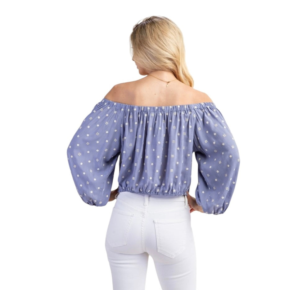 BREEZY BABE EMBROIDERY PRINT OFF SHOULDER PUFF SLEEVE NOVELTY TOP