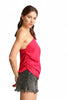 One-shoulder fuchsia top with waist tie, side view