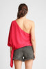 Bold fuchsia waist tie top, back view