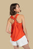 Satin top with front knot detail, side view