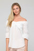 Solid twist-front off-shoulder top, back view