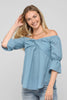 Cotton cloud off-shoulder top showing twist-front design