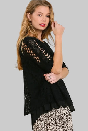 Black crochet knit pullover with round neck