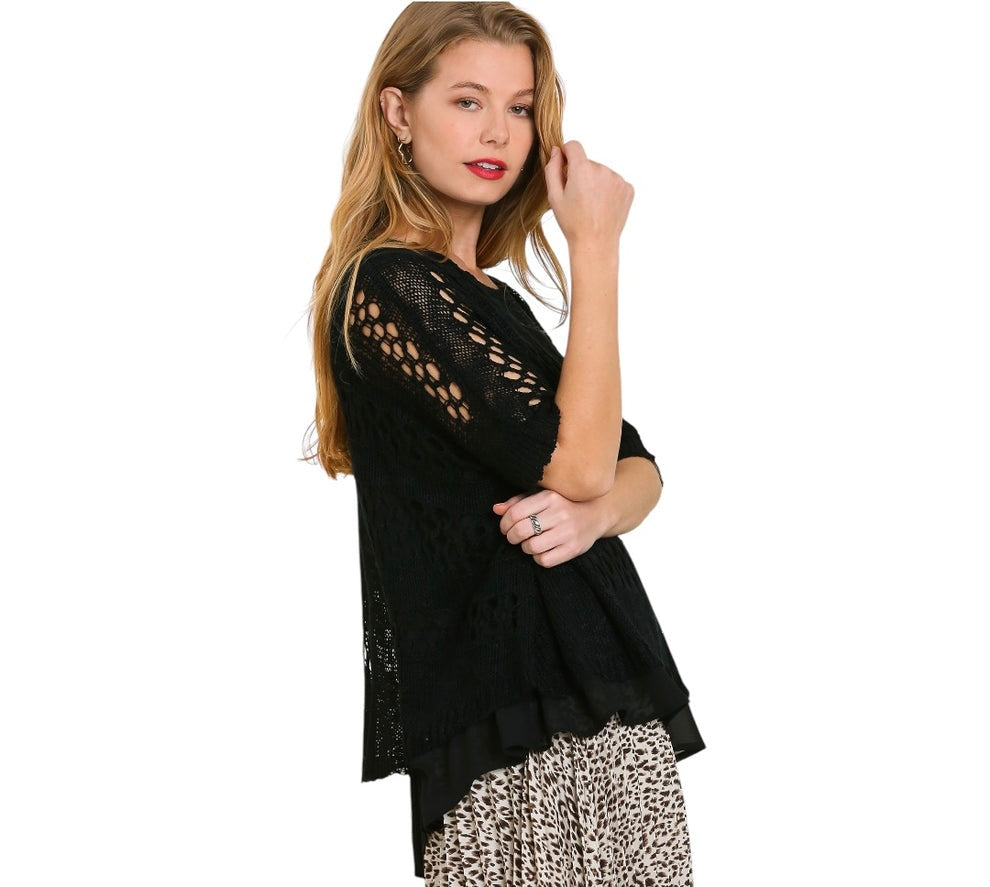 WOVEN CHARM BLACK CROCHET ROUND NECK PULL OVER SWEATER TOP