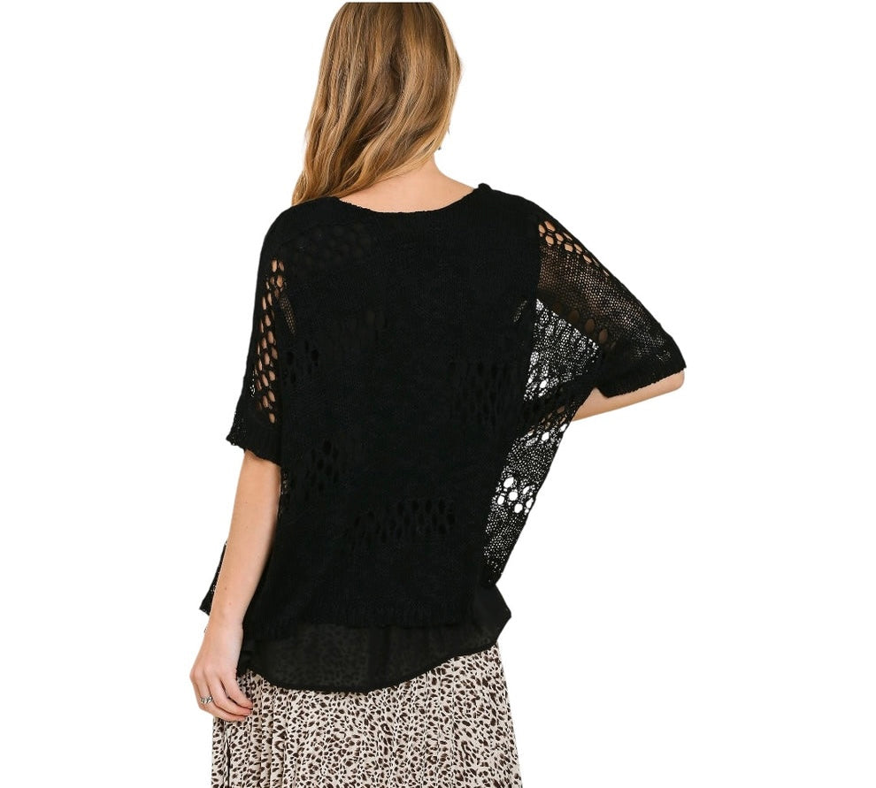 WOVEN CHARM BLACK CROCHET ROUND NECK PULL OVER SWEATER TOP