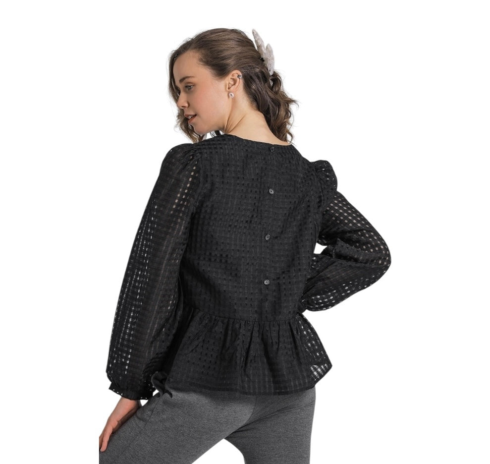 MOONLIT GAZE PEPLUM BLACK BABY DOLL BLOUSE