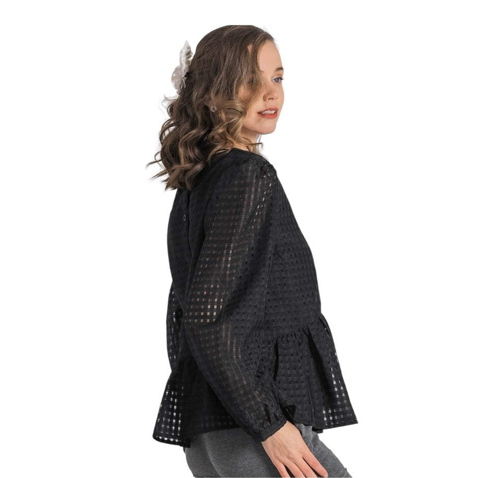 MOONLIT GAZE PEPLUM BLACK BABY DOLL BLOUSE