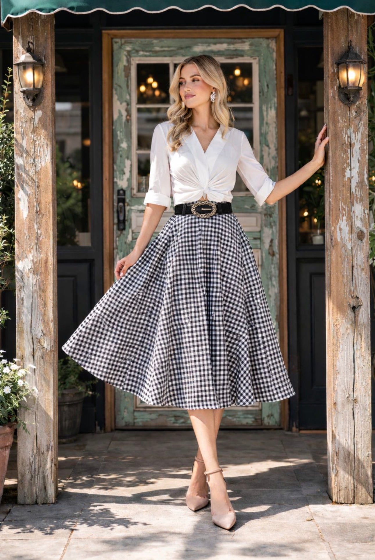 Black white gingham midi skirt