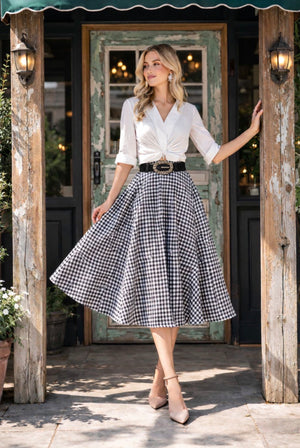 Black white gingham midi skirt