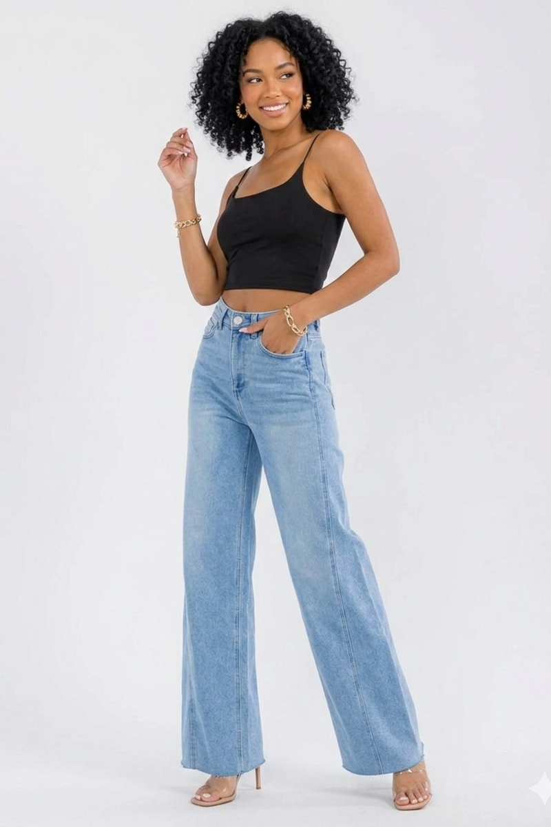 The Weekend Muse Button, Pocket Wide Leg Raw Hem Jeans