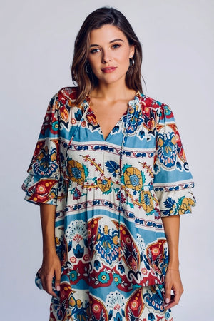 Blue border print midi dress styled look