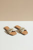 Raffia upper sandals with gold cubic stud embellishment
