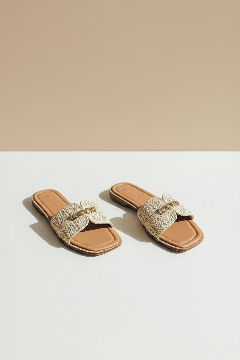 RAFFIA RADIANCE BOHO GOLD STUD SANDALS