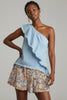 One shoulder blue top with raw hem