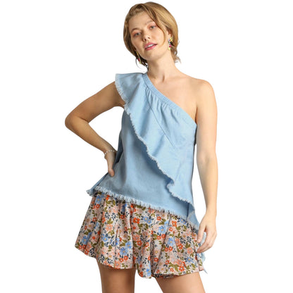 SUNDAZE BLUE ONE- SHOULDER UNFINISHED HEM TOP