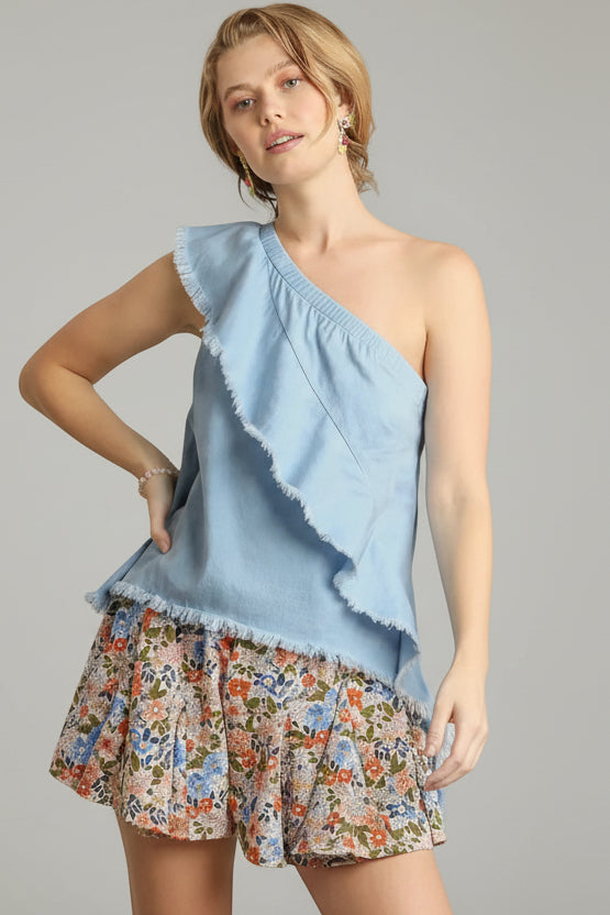 SUNDAZE BLUE ONE- SHOULDER UNFINISHED HEM TOP