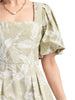 Leaf print bubble hem short sleeve dress, full length