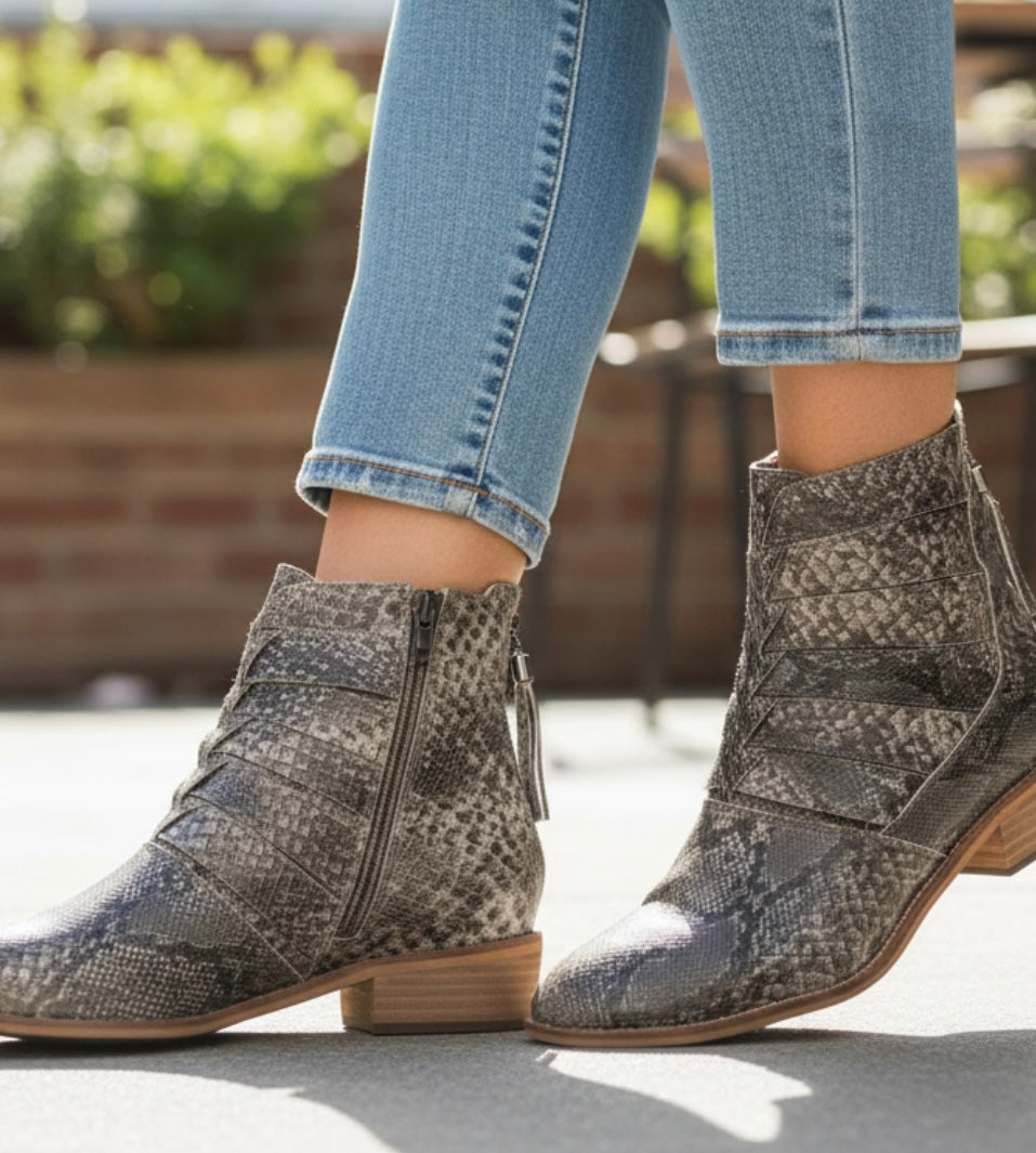 Frontier Fang Snake Print Cutout Ankle Boots