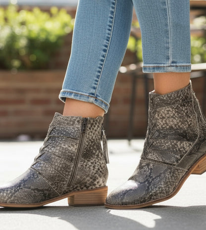 Frontier Fang Snake Print Cutout Ankle Boots