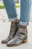 Gray faux snakeskin ankle boot back view