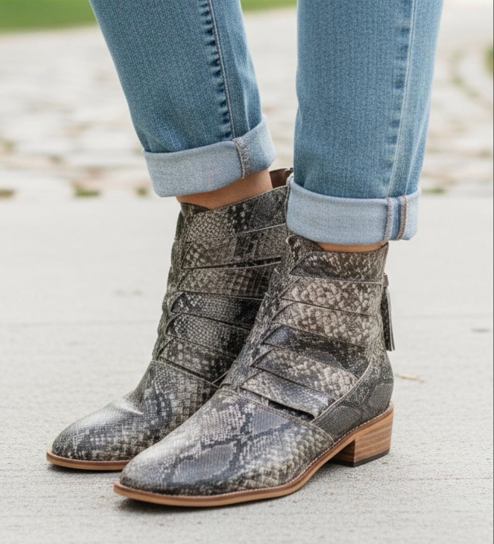 Frontier Fang Snake Print Cutout Ankle Boots