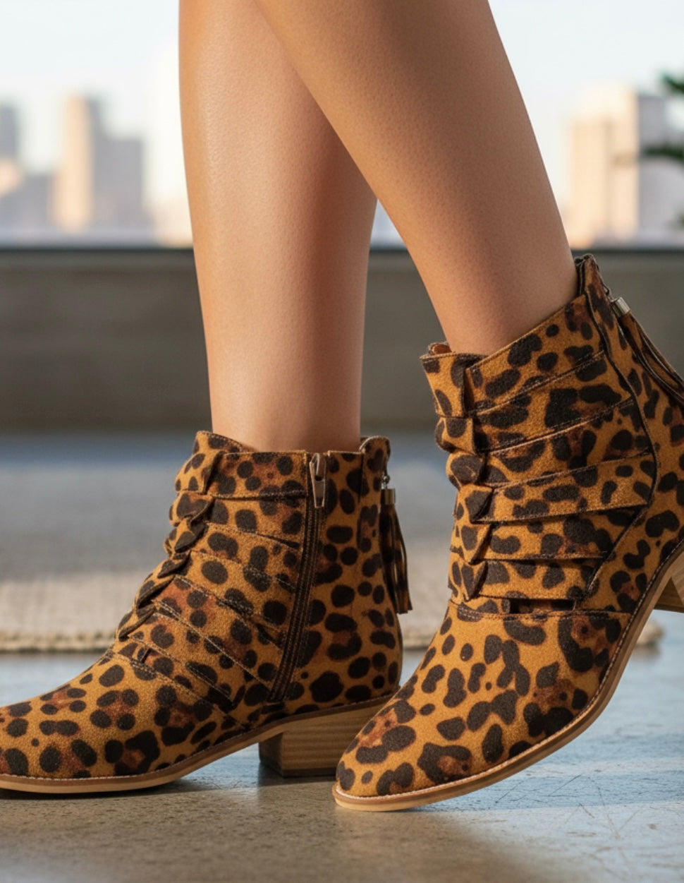 Chloe Leopard Faux Suede Print Cutout Ankle Booties