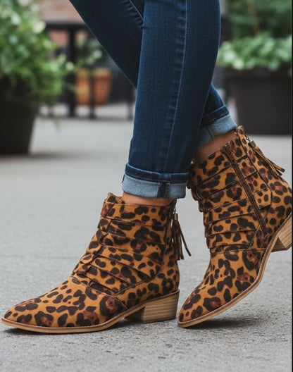 Chloe Leopard Faux Suede Print Cutout Ankle Booties