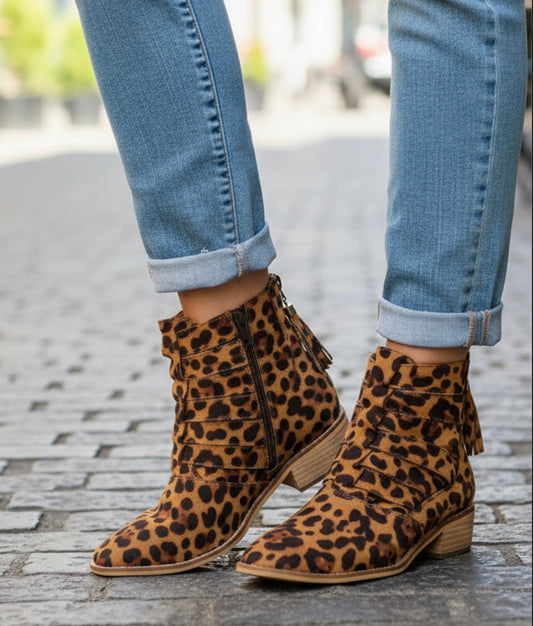 Chloe Leopard Faux Suede Print Cutout Ankle Booties
