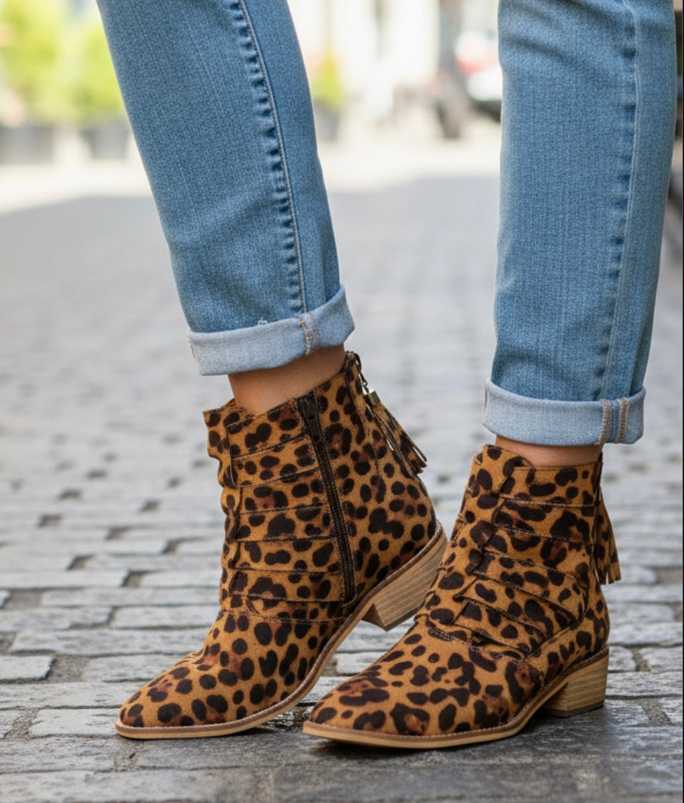 Chloe Leopard Faux Suede Print Cutout Ankle Booties