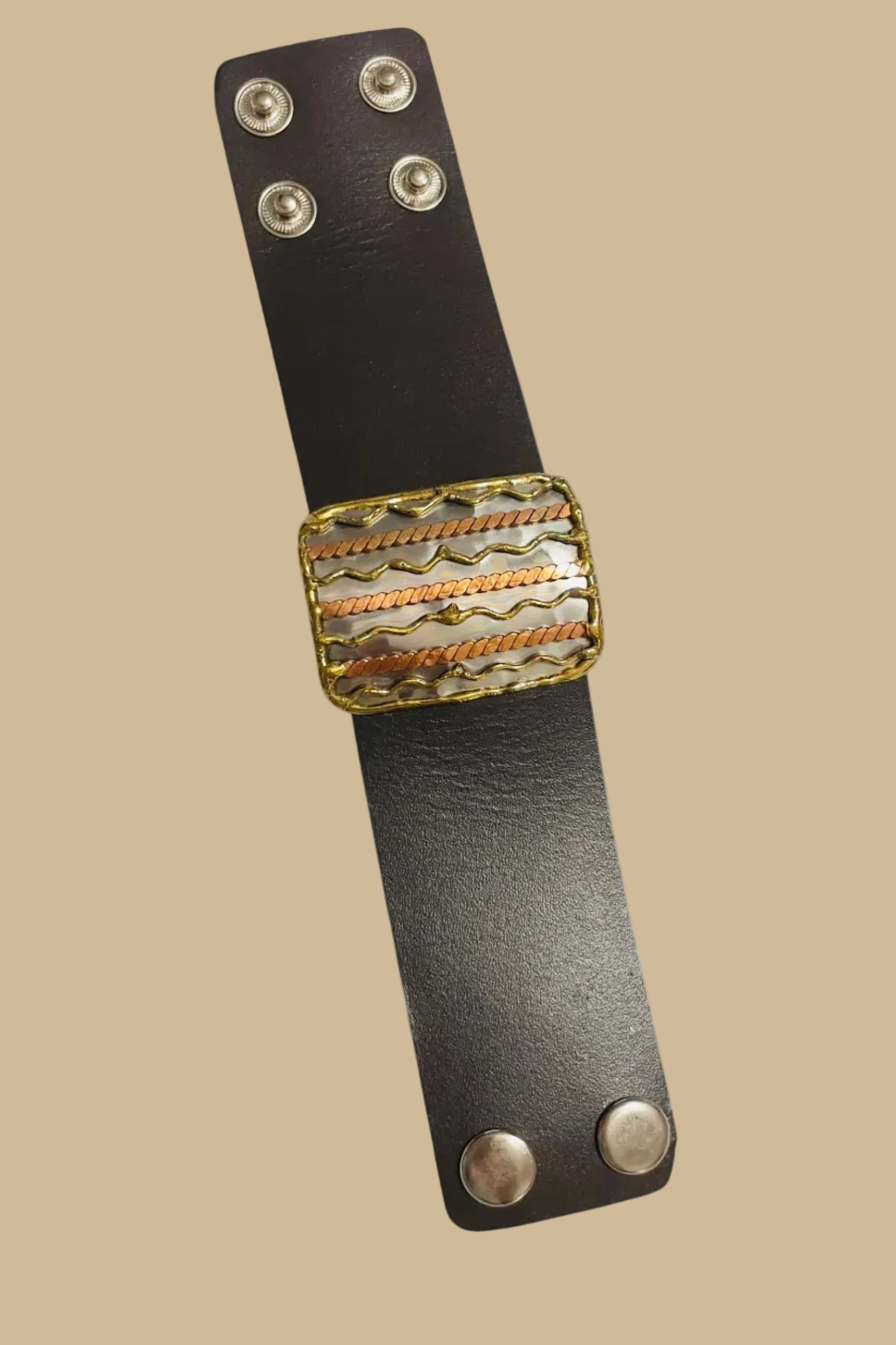Handmade Genuine leather bracelet with Stripe mixed metals
