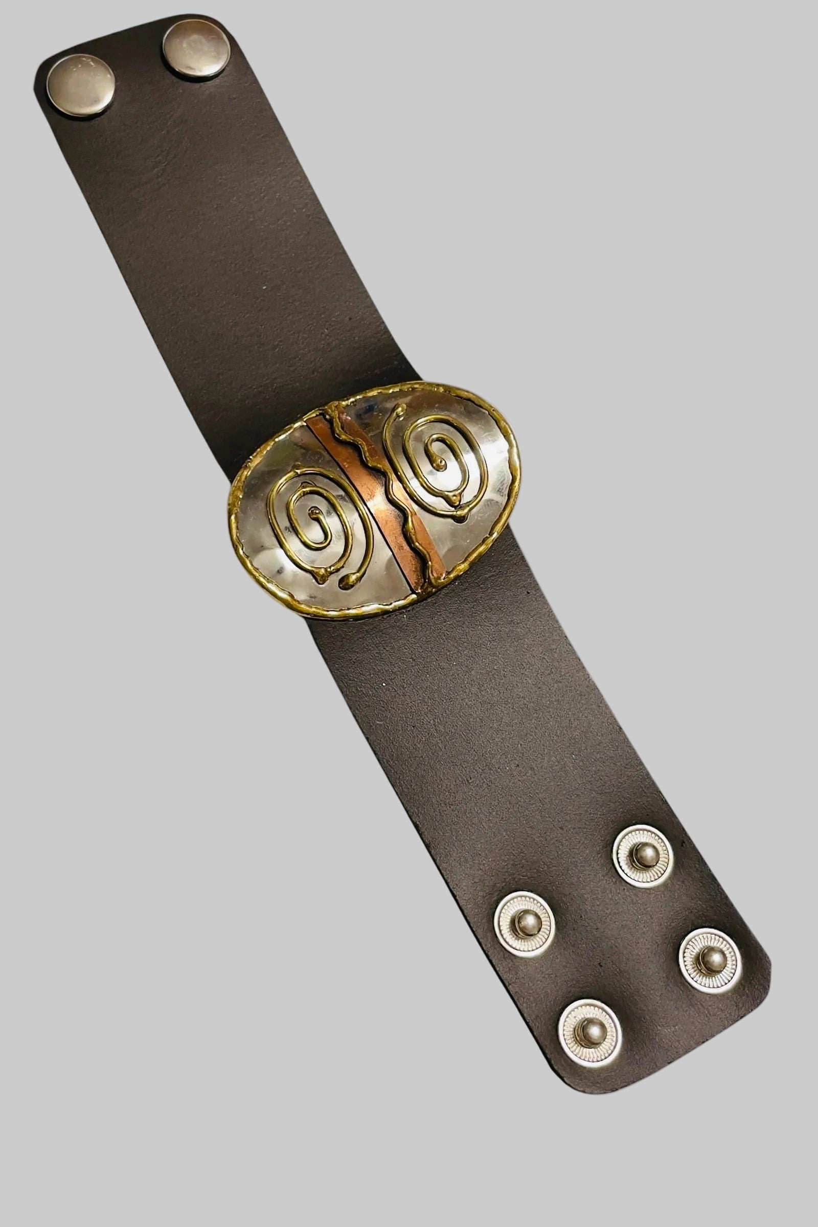Handmade Genuine leather bracelet with Swirl mixed metals