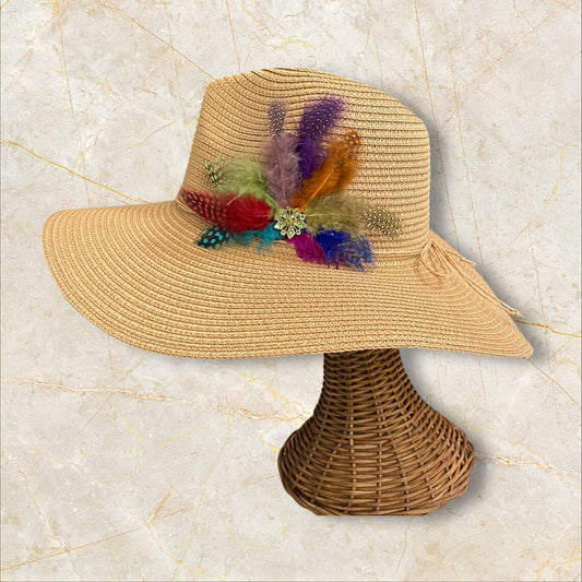 Handmade Feather Design Tan Floppy Fedora Straw Sun Hat