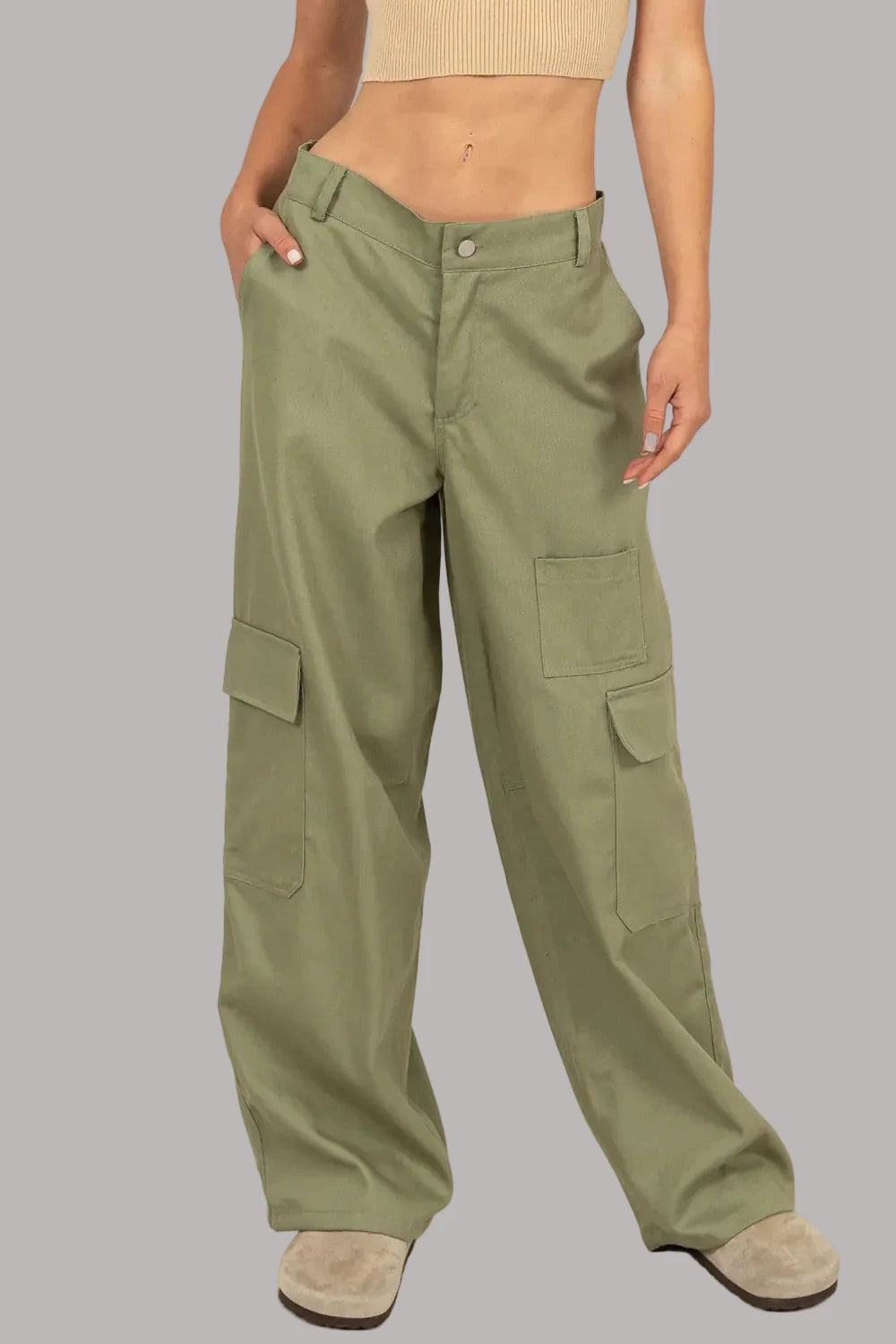 Elastic Waist Wide - Leg Cargo Pants