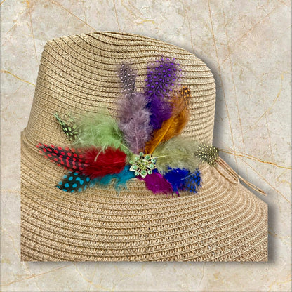 Handmade Feather Design Tan Floppy Fedora Straw Sun Hat