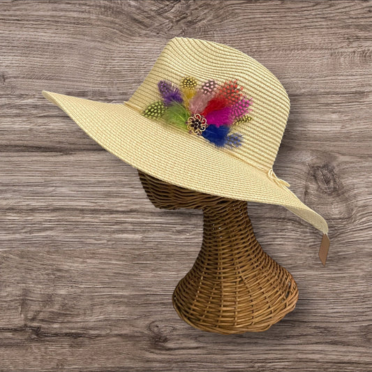 Handmade Feather Design Ivory Floppy Fedora Straw Sun Hat